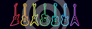 Rainbow color musical instruments neon tubed silhouette abstract design concept rock band performance