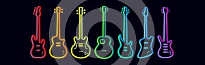 Rainbow color musical instruments neon tubed silhouette abstract design concept rock band performance electric guitar set