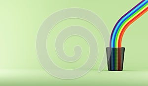 Rainbow color on Recycle bin trash on green background. 3D Render. Creative minimal idea concept.