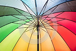 Rainbow color umbrella background. Multicolored spectrum colours sunshade, open, sunny day