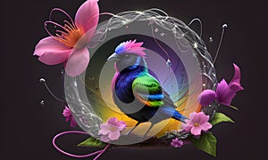 Rainbow color vibrant looking bird with a flower pattern. Generative AI
