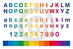 Rainbow colored alphabet and numbers in a row photo