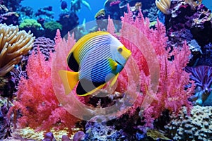 rainbow-colored angel fish in a coral habitat