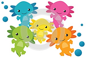 Rainbow Colored Axolotl Family with Bubbles