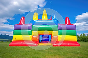 a rainbow-colored bouncy castle in an open field