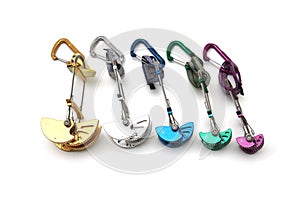 Rainbow colored climbing cams