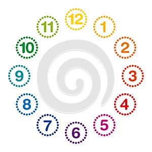 Rainbow colored clock face with hours one to twelve