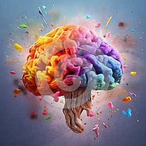 Rainbow-colored creative brain explodes with knowledge and ideas, flowers and paints