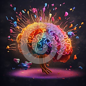 Rainbow-colored creative brain explodes with knowledge and ideas, flowers and paints