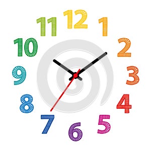 Rainbow colored dial. Clock face with colorful numerals