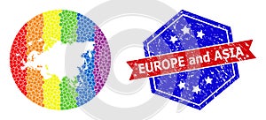 Rainbow Colored Dotted Map of Europe and Asia Mosaic with Empty Space for LGBTQ and Scratched Bicolor Stamp