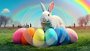 Rainbow colored Easter cute rabbit egg symbol. young easter eggs Generated AI