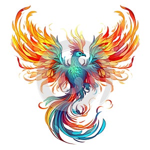 Rainbow colored fire phoenix on a white isolated background