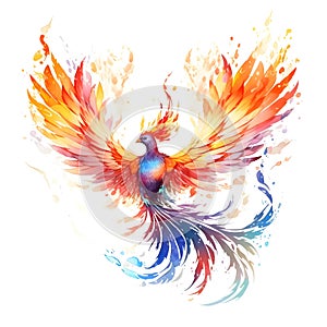 Rainbow colored fire phoenix on a white isolated background