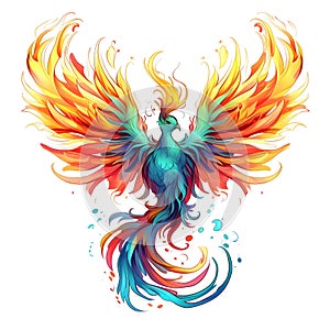 Rainbow colored fire phoenix on a white isolated background