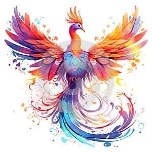 Rainbow colored fire phoenix on a white isolated background