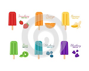 Rainbow colored fruit ice pops set. Various berry ice cream on a stick