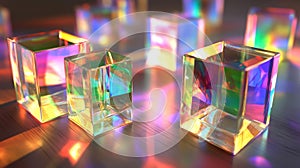 Rainbow Colored Glass Cubes on Reflective Surface