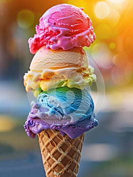 Rainbow-colored ice cream scoops stacked on a cone.
