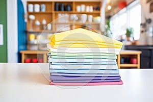 rainbow-colored microfiber cloths folded neatly on a shelf