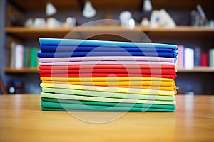 rainbow-colored microfiber cloths folded neatly on a shelf