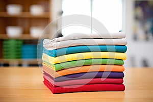 rainbow-colored microfiber cloths folded neatly on a shelf