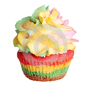 Rainbow colored muffin isolated on white