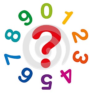 Rainbow colored numbers and a red question mark