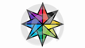 Rainbow colored origami star with 8 corners drawing.