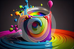 a rainbow-colored paint can with a close-up of the vibrant colors.