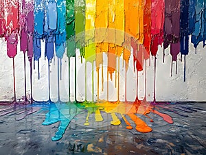 A rainbow of colored paint dripping down a wall