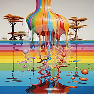 a rainbow colored paint dripping from a tree