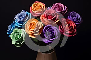 Rainbow-Colored Paper Art Bouquet of Roses. AI