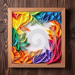 Rainbow colored paper craft leaves and flowers with shadows. AI generative illustration