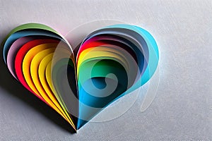 Rainbow colored paper cut out in the love heart shape. Paper art rainbow heart background with 3d effect, heart shape in vibrant