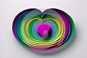 Rainbow colored paper cut out in the love heart shape. Paper art rainbow heart background with 3d effect, heart shape in vibrant