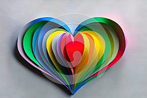 Rainbow colored paper cut out in the love heart shape. Paper art rainbow heart background with 3d effect, heart shape in vibrant