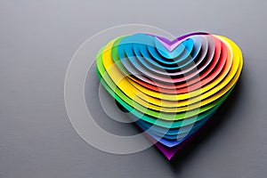 Rainbow colored paper cut out in the love heart shape. Paper art rainbow heart background with 3d effect, heart shape in vibrant