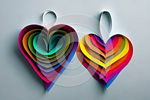 Rainbow colored paper cut out in the love heart shape. Paper art rainbow heart background with 3d effect, heart shape in vibrant