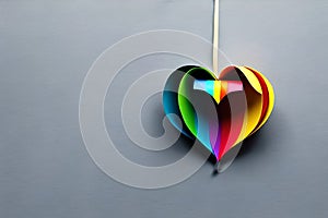 Rainbow colored paper cut out in the love heart shape. Paper art rainbow heart background with 3d effect, heart shape in vibrant