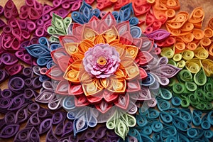 rainbow-colored paper quilling art in intricate patterns