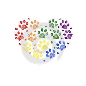 Rainbow colored paw prints with hearts