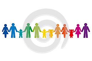 Rainbow colored pictograms of people holding hands, standing in a row photo
