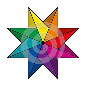 Rainbow colored and pinwheel shaped eight-pointed star