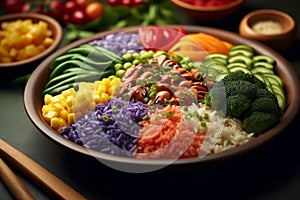 Rainbow-colored rice salad featuring a variety of plant-based proteins, appealing to vegans, vegetarians, and those looking for