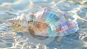 Rainbow-colored sea shells in the sea, ocean, reflecting light in the sun. Generative AI