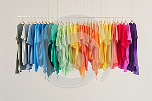 Rainbow colored shirts hanging in disarray