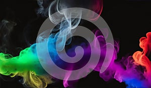 Rainbow colored smoke in plain black background. Generative AI