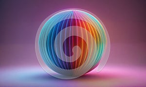 A rainbow-colored sphere sits on a light purple surface
