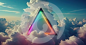 A rainbow colored triangle is in the middle of a cloud filled sky.